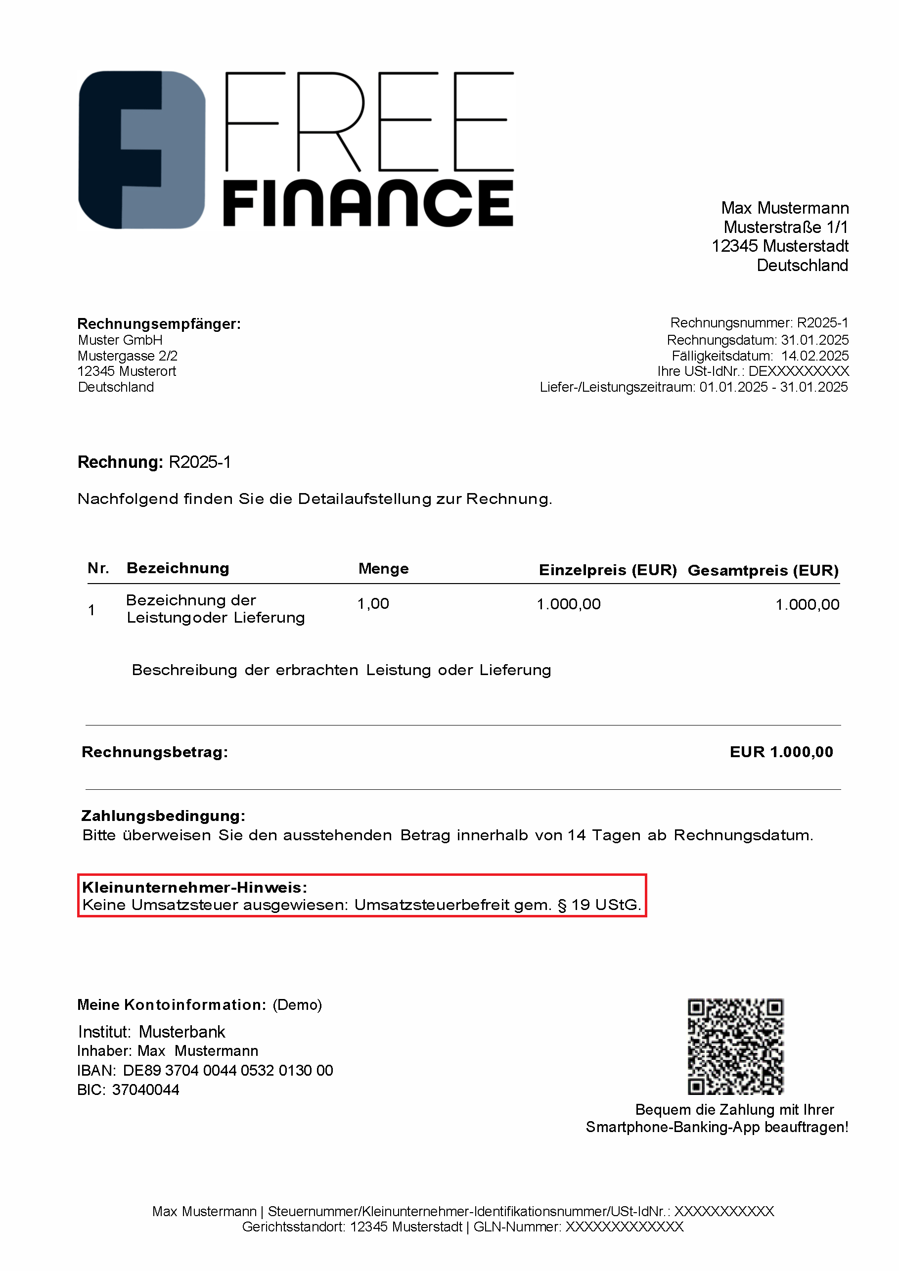 Rechnungsmuster Kleinunternehmer-Hinweis