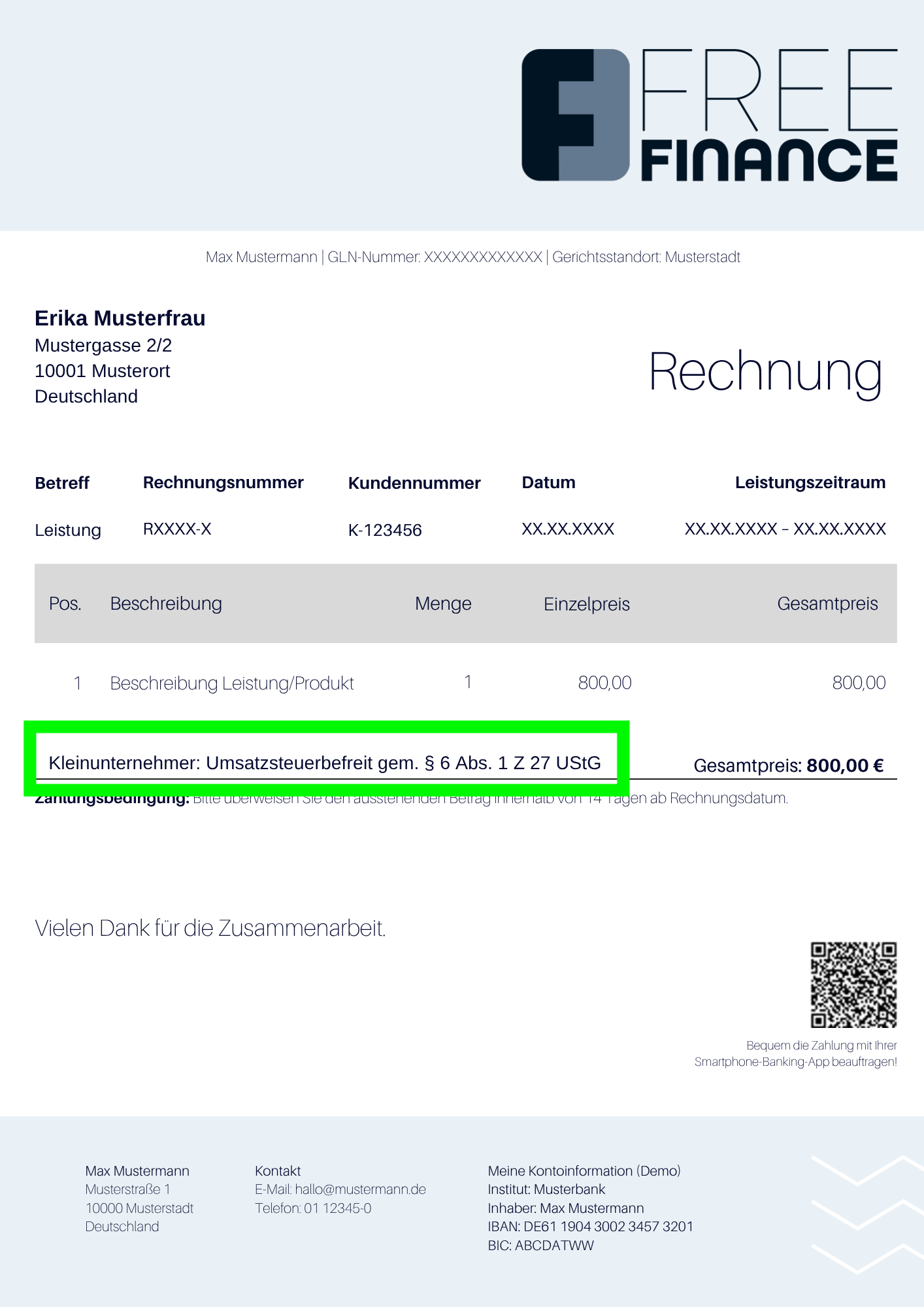 Rechnungsmuster Kleinunternehmer-Hinweis